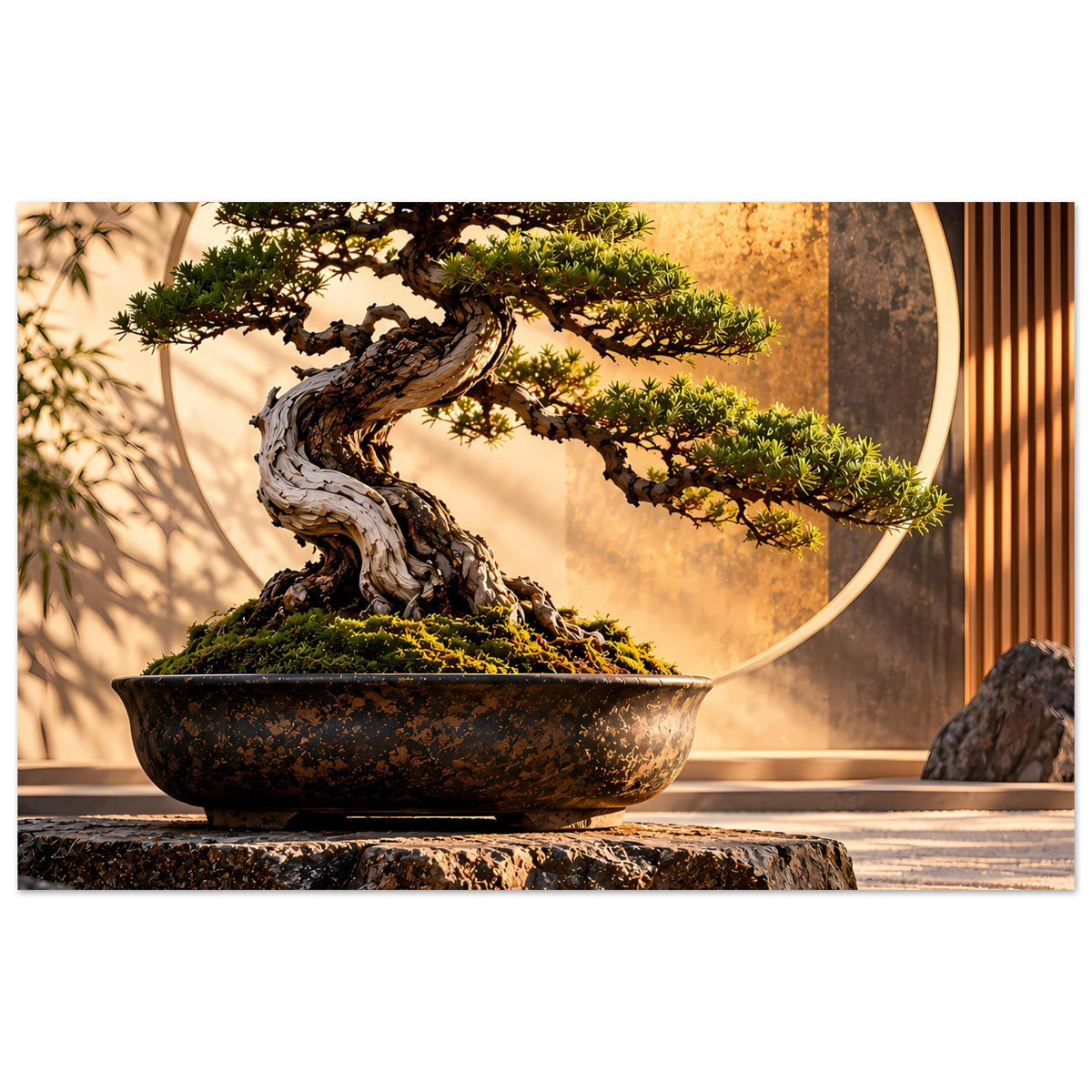 Poster mit Bonsai im Schalengefäß, grünes Moospolster und Steinplatte, goldener Zen-Look