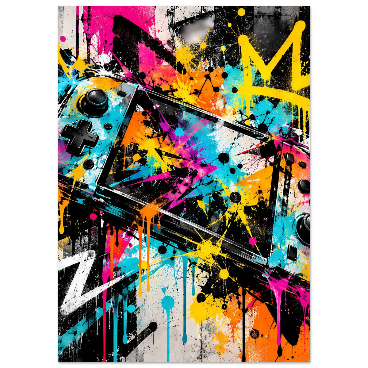Vertikales Gaming-Graffiti-Poster mit Sprühfarben, Controller-Detail und gelbem Krone-Icon