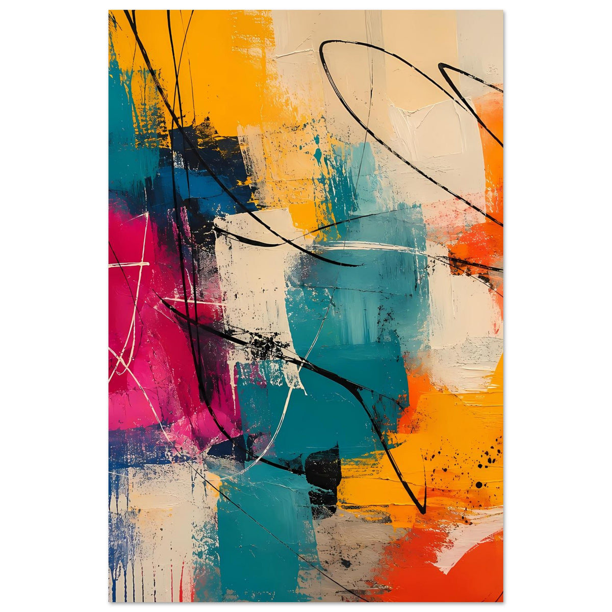 Abstrakter Kunstdruck im Hochformat mit kräftigen Farbfeldern, schwarzen Linien und Spritzern