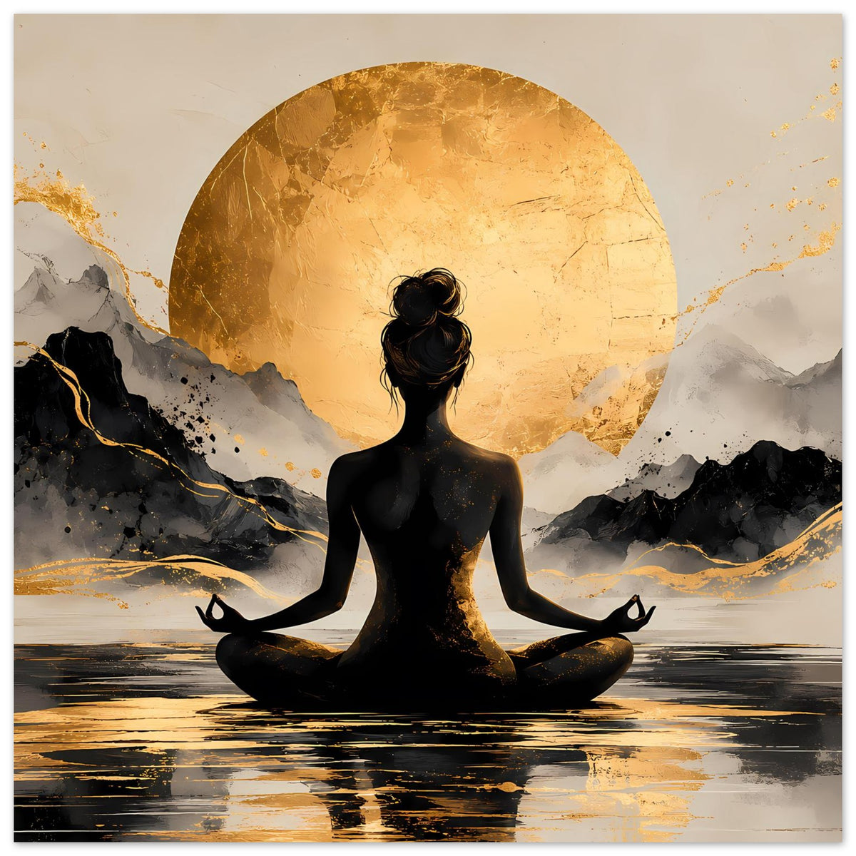 Meditationsposter mit schwarzer Silhouette im Lotussitz vor goldenem Sonnenkreis