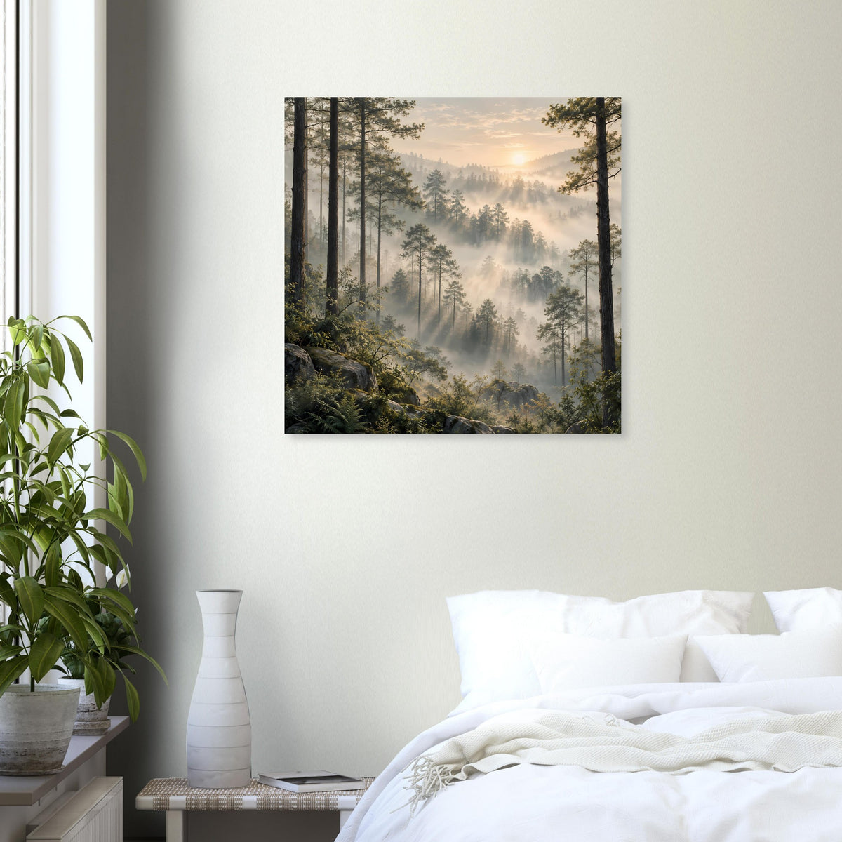 Gerahmtes Poster mit Wald im Morgennebel und warmem Sonnenlicht im Hintergrund