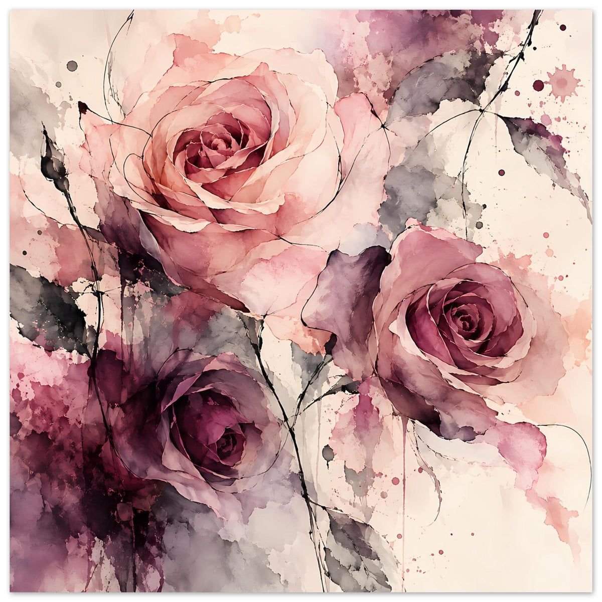 Wasserfarben-Rosenposter mit rosa und violetten Blüten, Zweigen und Spritzdekor.