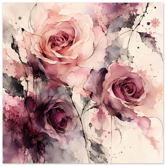 Wasserfarben-Rosenposter mit rosa und violetten Blüten, Zweigen und Spritzdekor.
