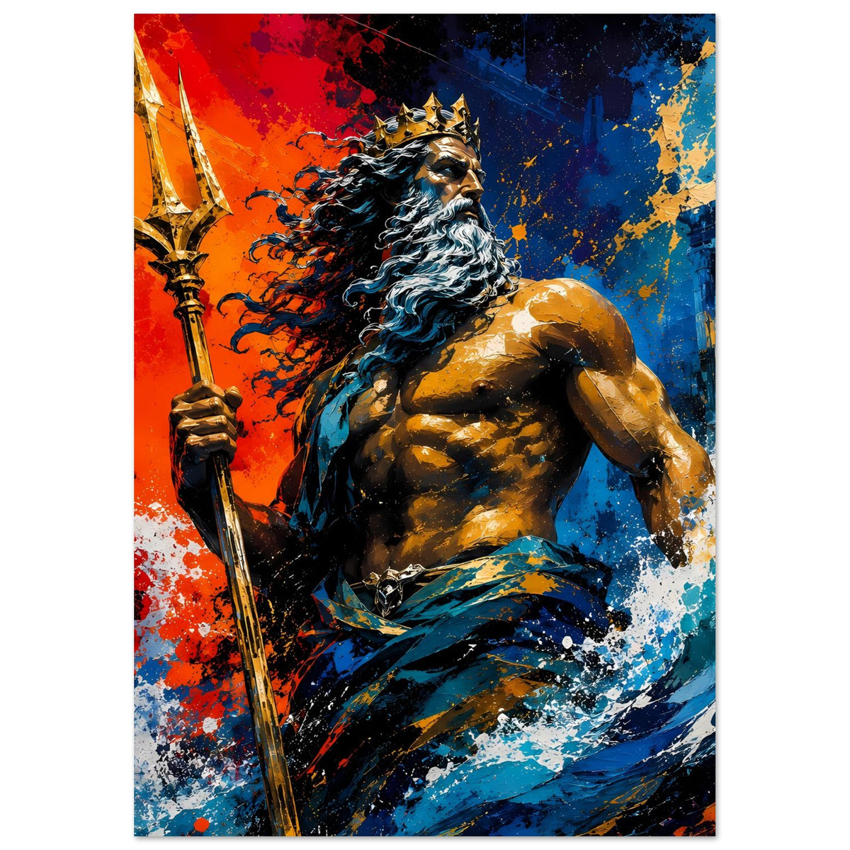 Hochformat-Poster: Poseidon-ähnlicher bärtiger Gott mit Dreizack und Krone, kräftige Rot- und Blautöne