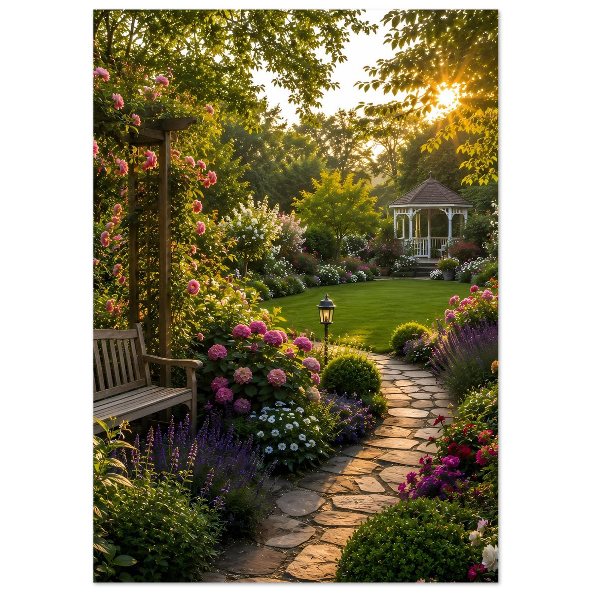 Gartenposter: blühende Beete an einem Steinweg, Bank links, Pavillon im Hintergrund