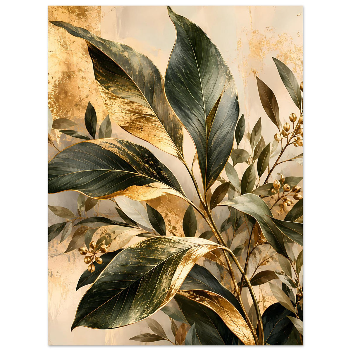 Botanisches Poster mit grünen und goldenen Blättern, elegantes Blattwerk und goldene Akzente