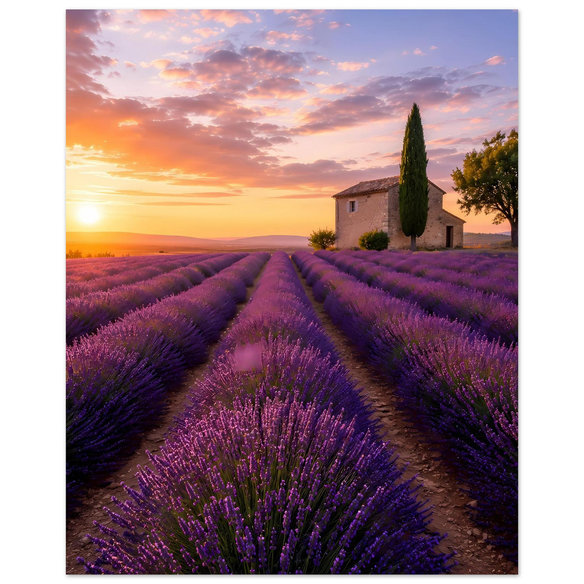 Hochformat-Poster mit Lavendelfeldern bei Sonnenaufgang, Reihen und Pfad zur Zypresse.