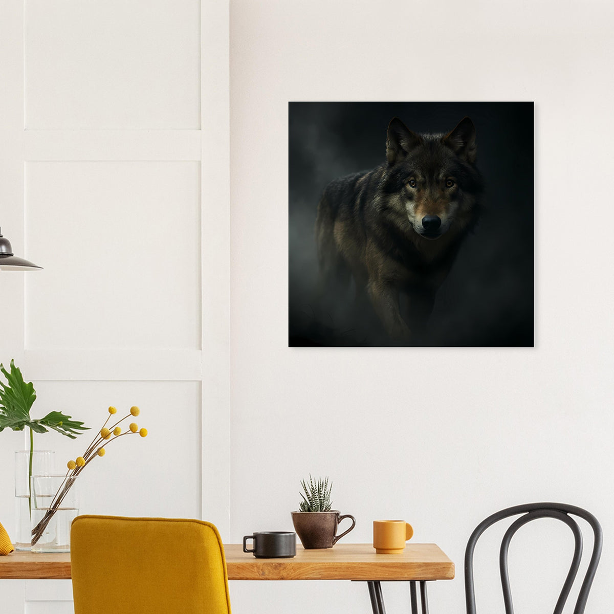 Quadratisches Poster mit Wolf im Brustbild, dunkle Farbgebung, direkter Blick
