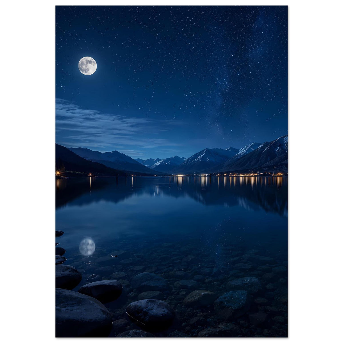 Poster im Hochformat: nächtliche Berglandschaft am See, Mond am Himmel, Sterne und Spiegelung auf Wasser