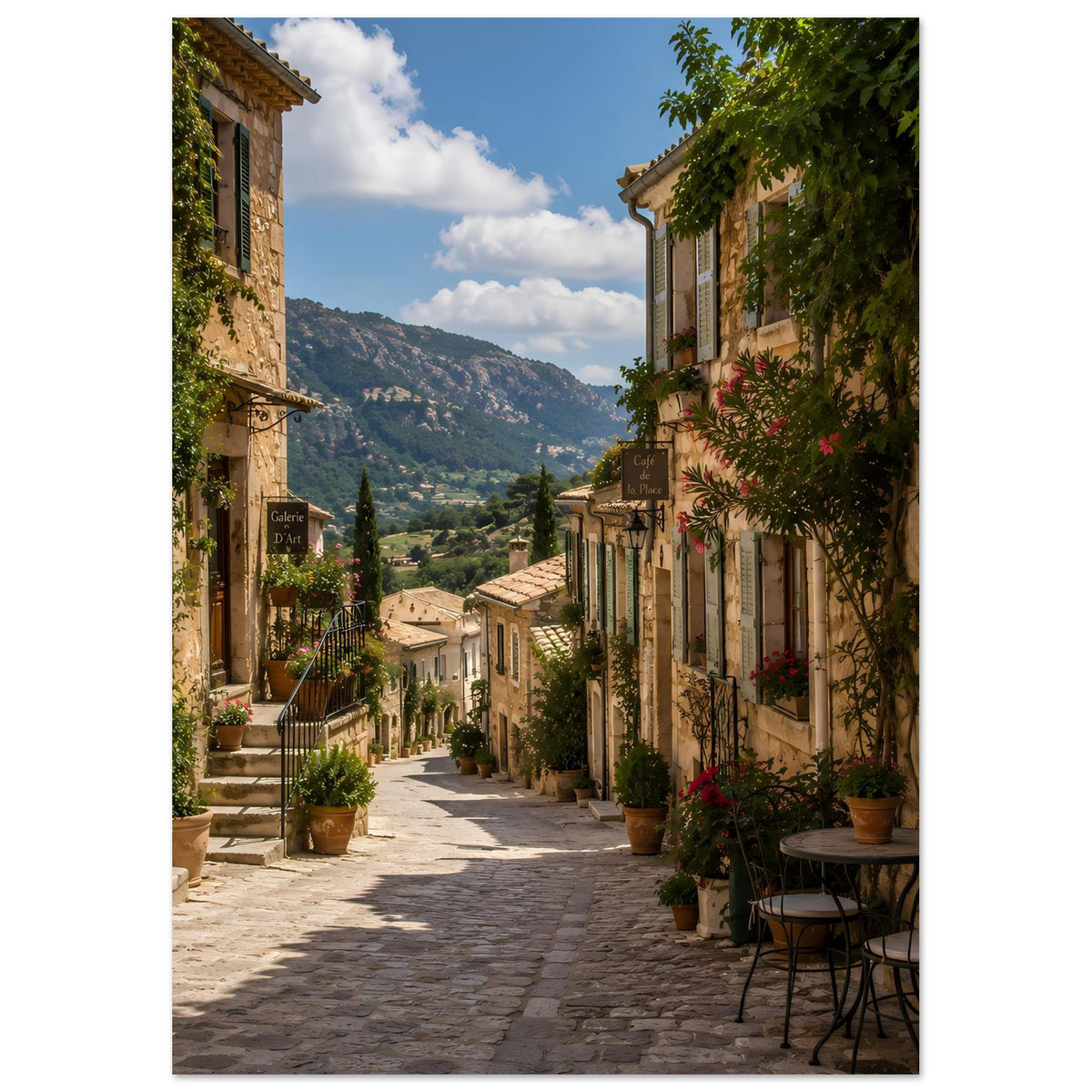 Poster mit sonniger mediterraner Steingasse, Häusern, Pflanzen und Bergblick