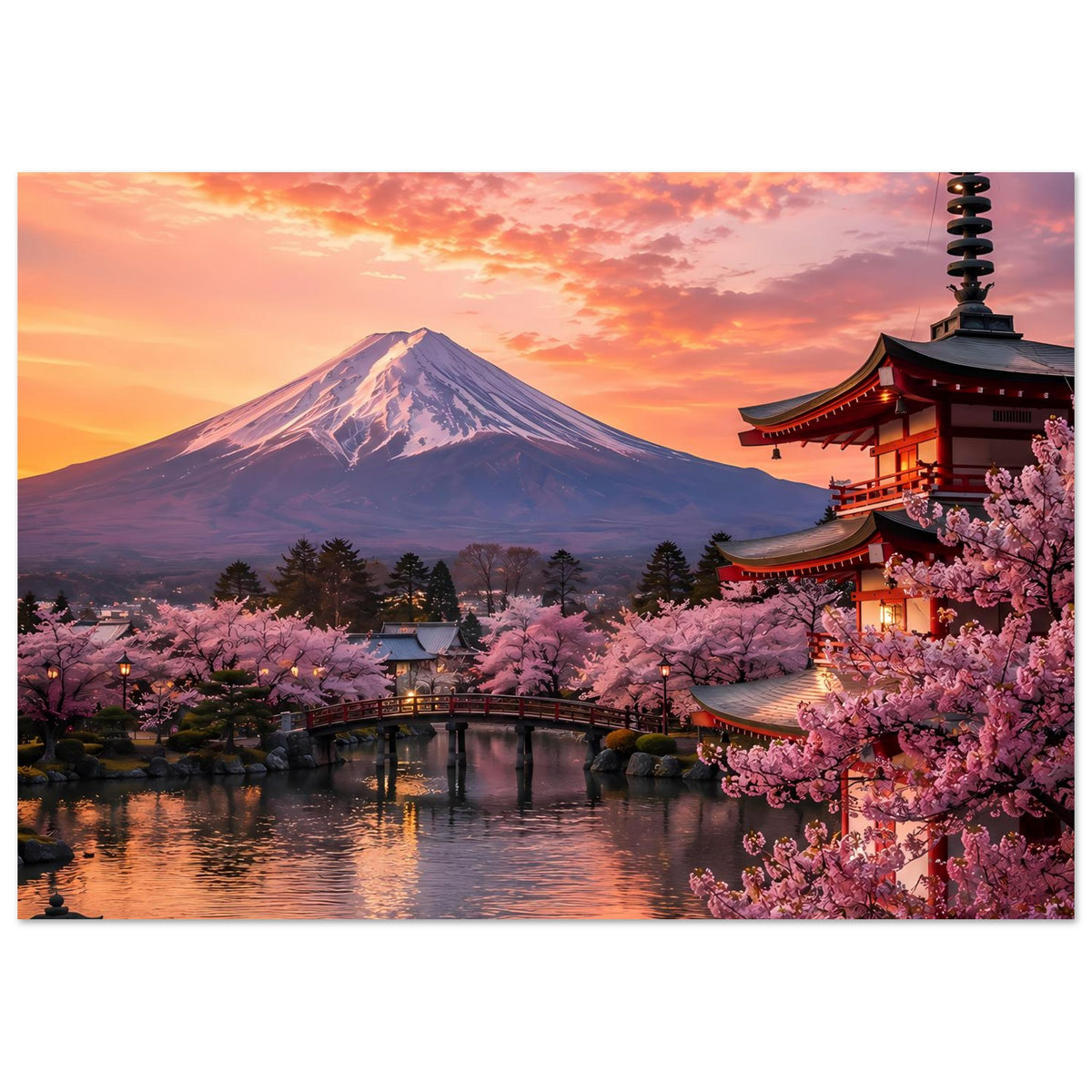 Poster mit Berg Fuji, Pagode rechts, Kirschblüten am Ufer und Spiegelung im Wasser