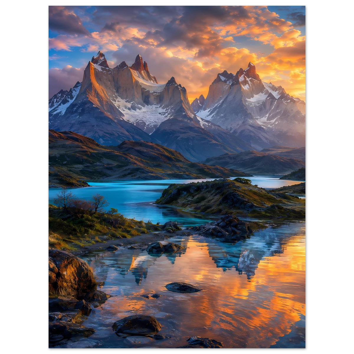 Poster mit Berglandschaft im Sonnenuntergang, Fluss und Spiegelungen, vertikal