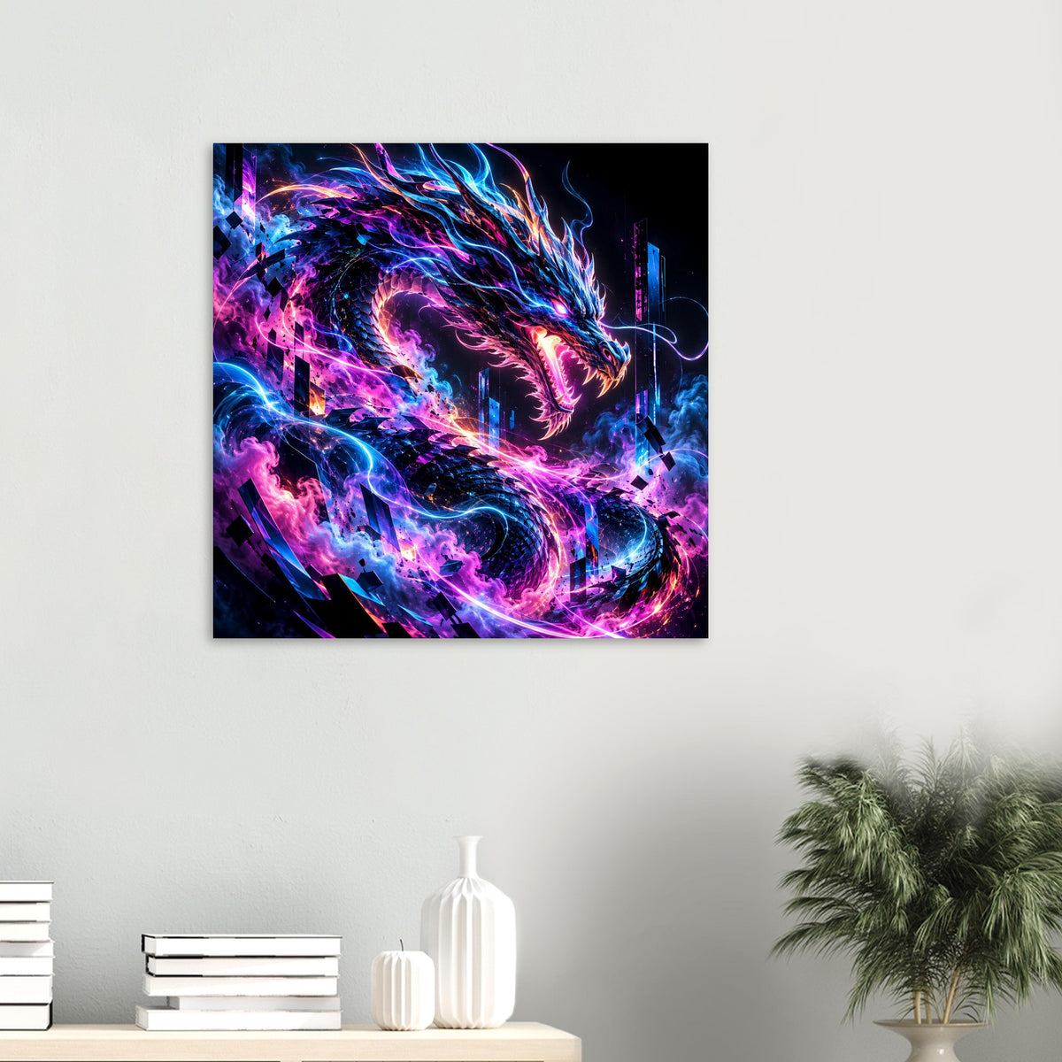 Neon-Cyberdrache-Poster im kleinen Quadratformat mit leuchtendem Drachen und Energieflüssen