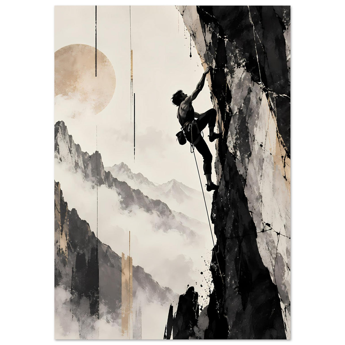 Vertikales Poster mit Bergsteiger am Kletterfelsen, Nebelberge und Kreis am Himmel