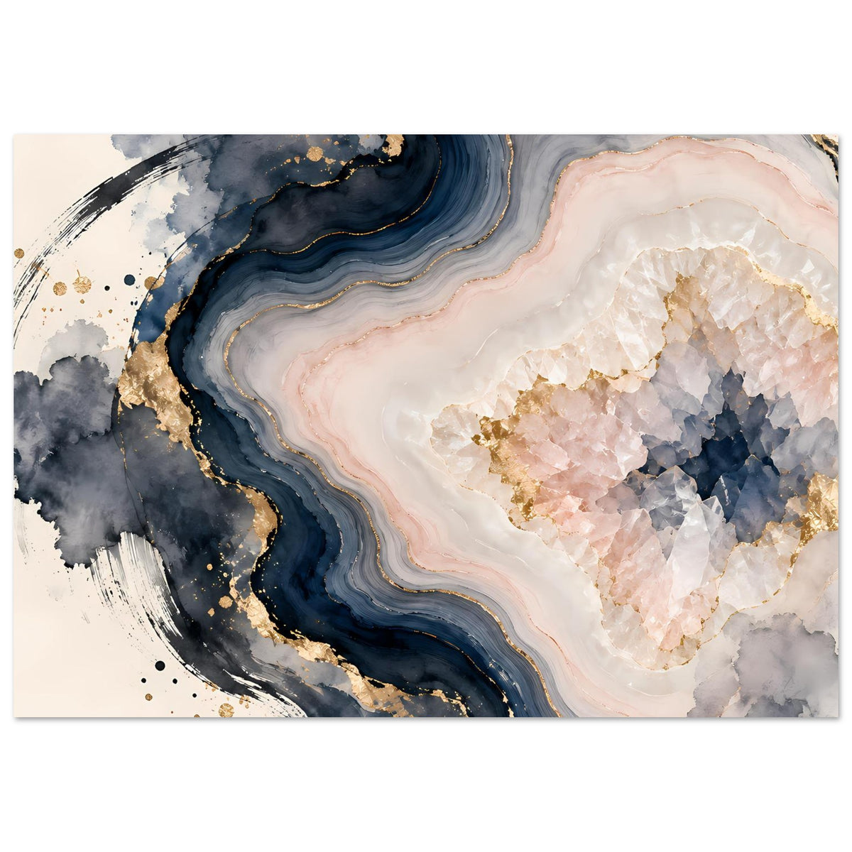 Abstraktes Geoden-Poster in Rosé, Blau und Gold, horizontal