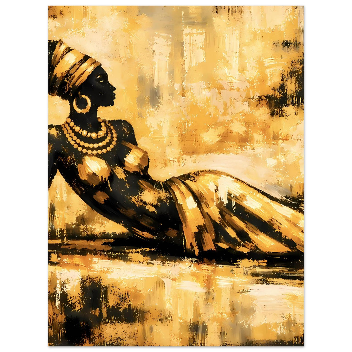Kunst-Poster im Hochformat: schwarze Frau mit Goldschmuck, liegend, goldener Hintergrund.