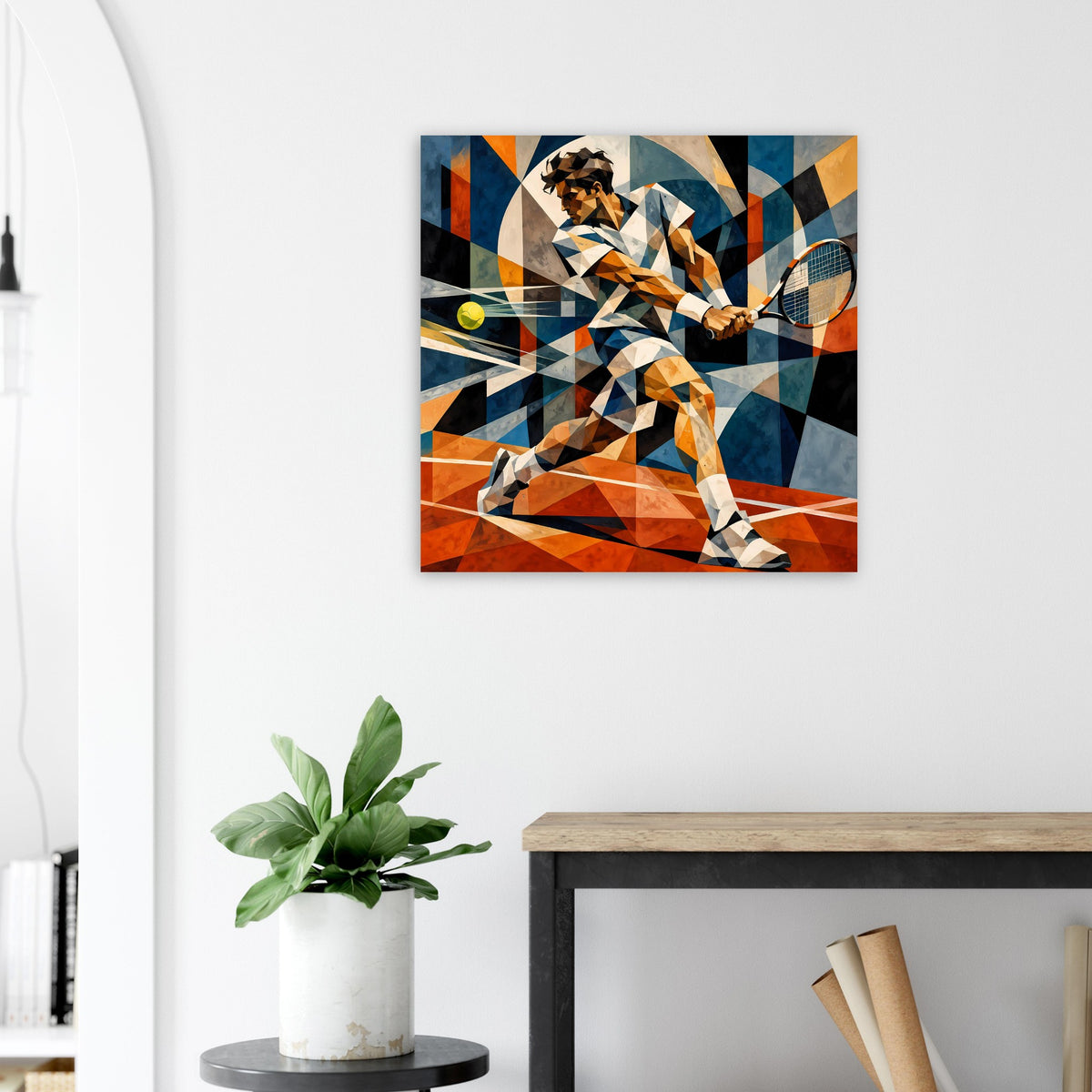 Quadratisches Kunstposter mit abstraktem Tennismotiv und dynamischen Farbflächen