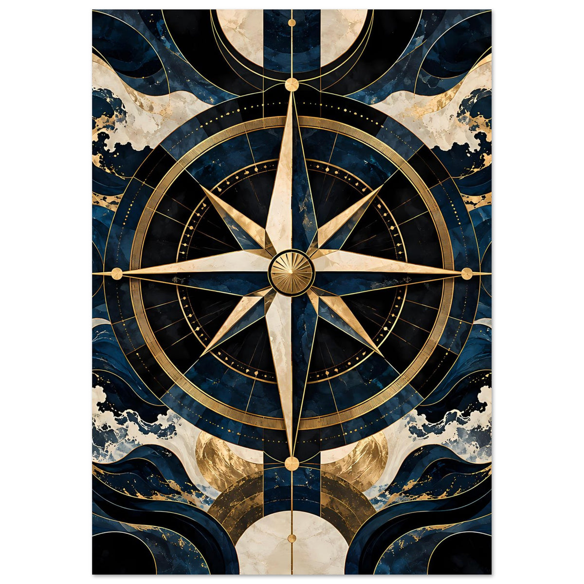 Maritimes Navigationsposter mit Kompassrose, goldenen Ringen und blauen Wellen