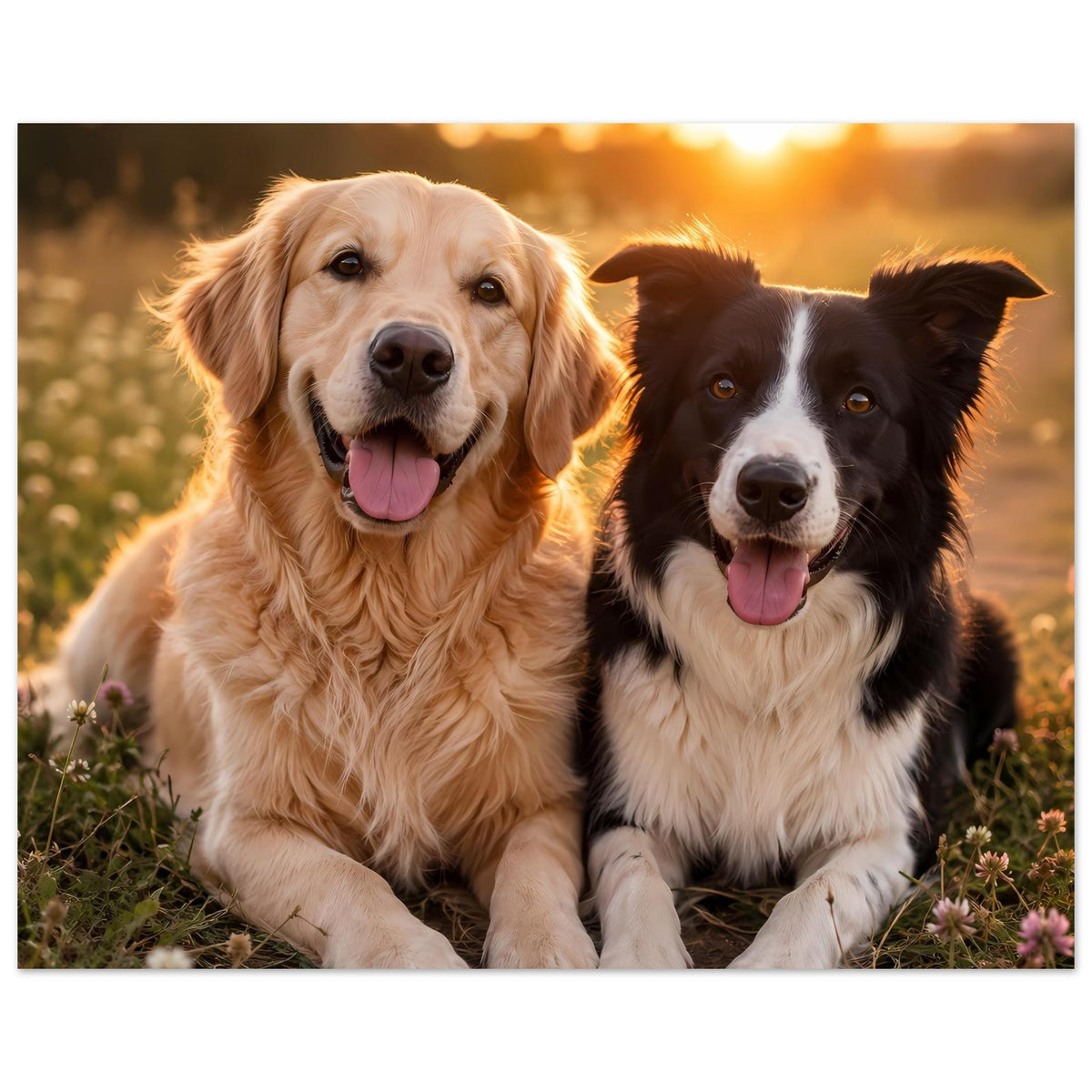 Poster im Querformat mit zwei Hunden, golden und schwarz-weiß, Blick auf die Kamera