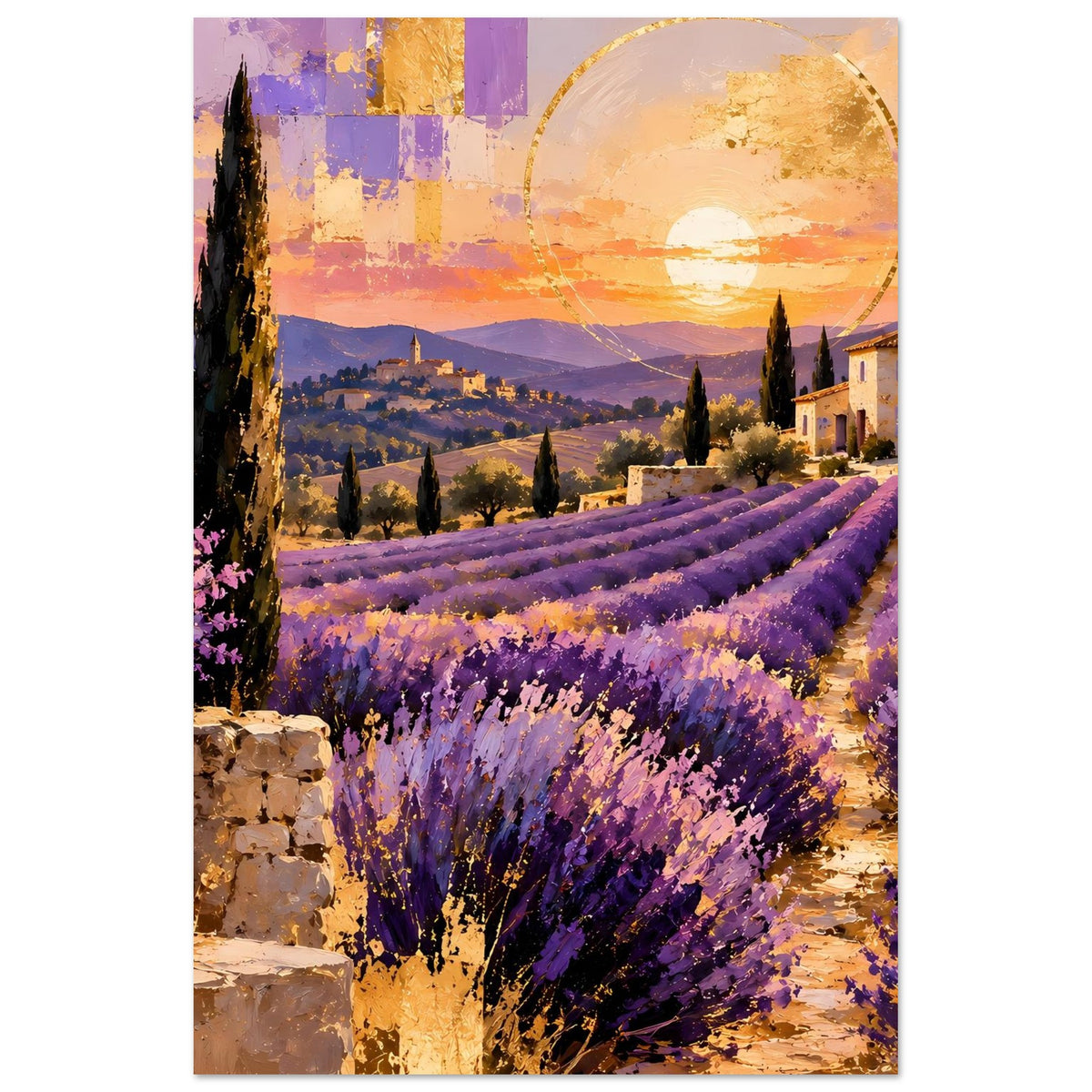 Poster im Hochformat mit Lavendelreihe, Sonnenuntergang, Zypressen und Steineinfassung