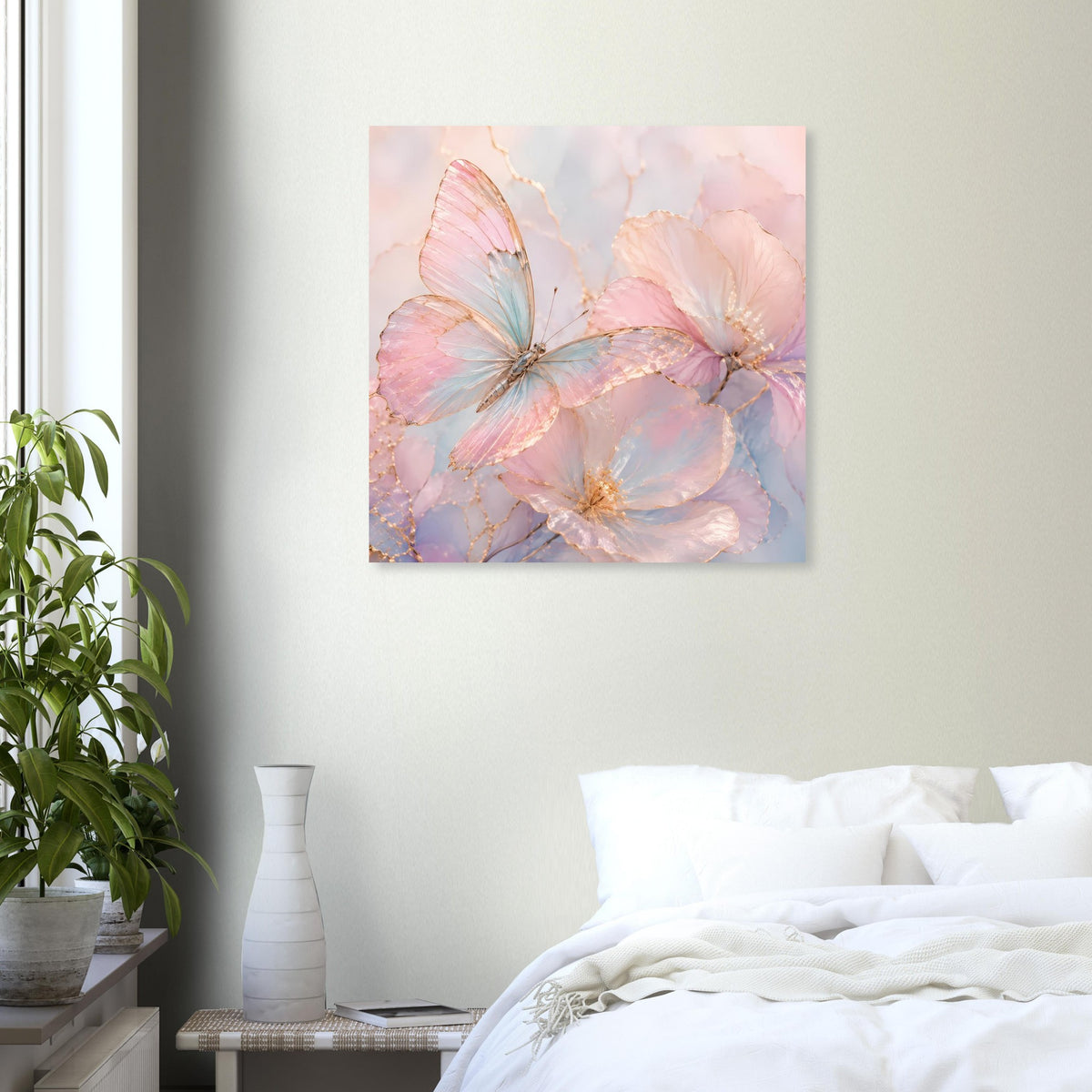 Quadratisches Aquarell-Poster mit Schmetterling in Rosa, Blau und Gold