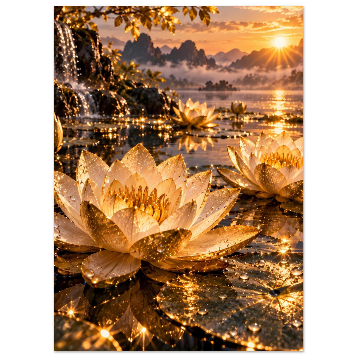 Hochformatiges Lotus-Poster: goldene Blüten über Wasser mit leuchtendem Himmel