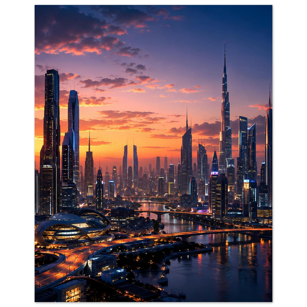Hochformat-Poster mit futuristischer Skyline im Sonnenuntergang