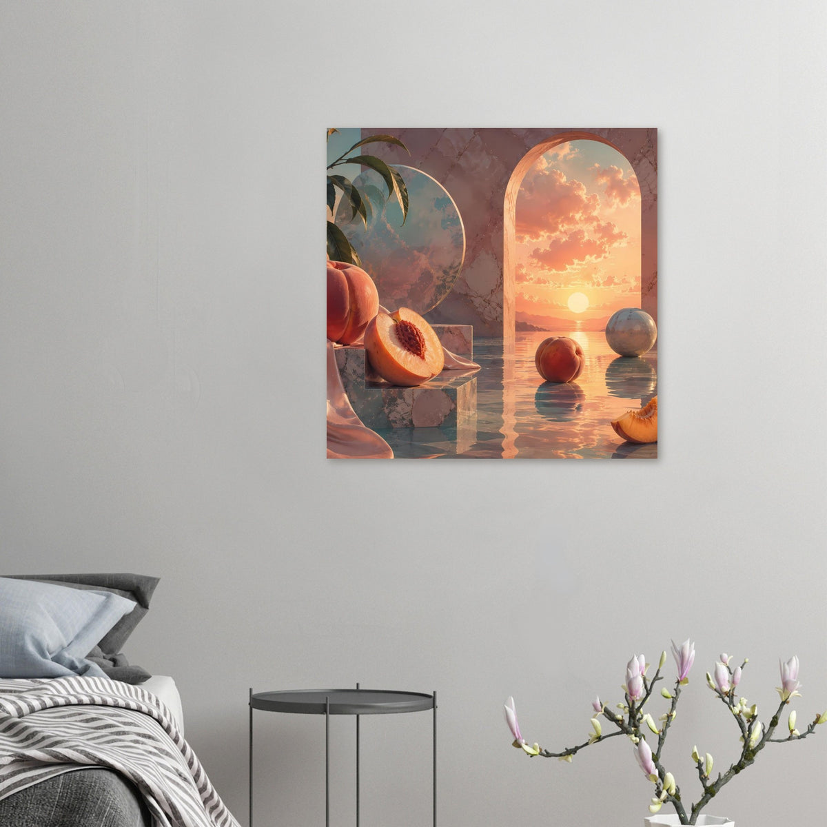 Gerahmtes Poster: Pfirsiche und Kugeln im Rundbogen, Sonnenuntergang im Motiv