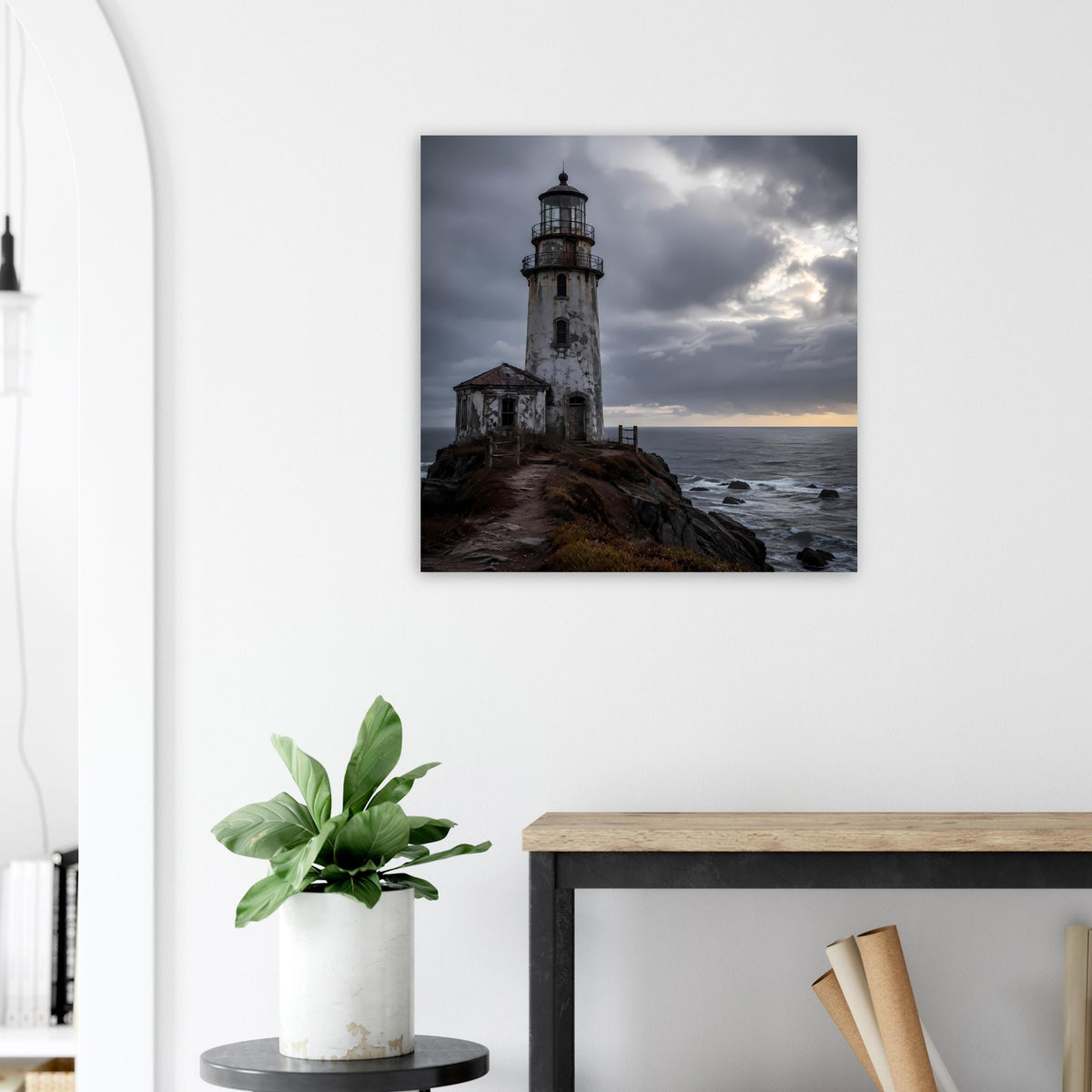 Leuchtturm-Poster mit weißem Leuchtturm, Meerblick und graubraunem Fels