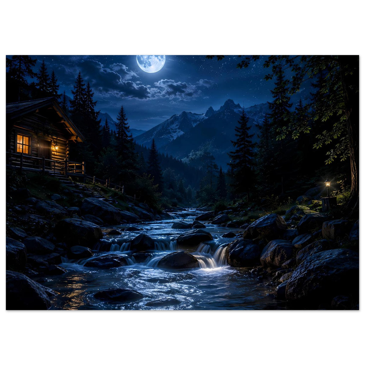 Waldposter im Querformat: Fluss im Mondlicht, dunkles Nachtblau