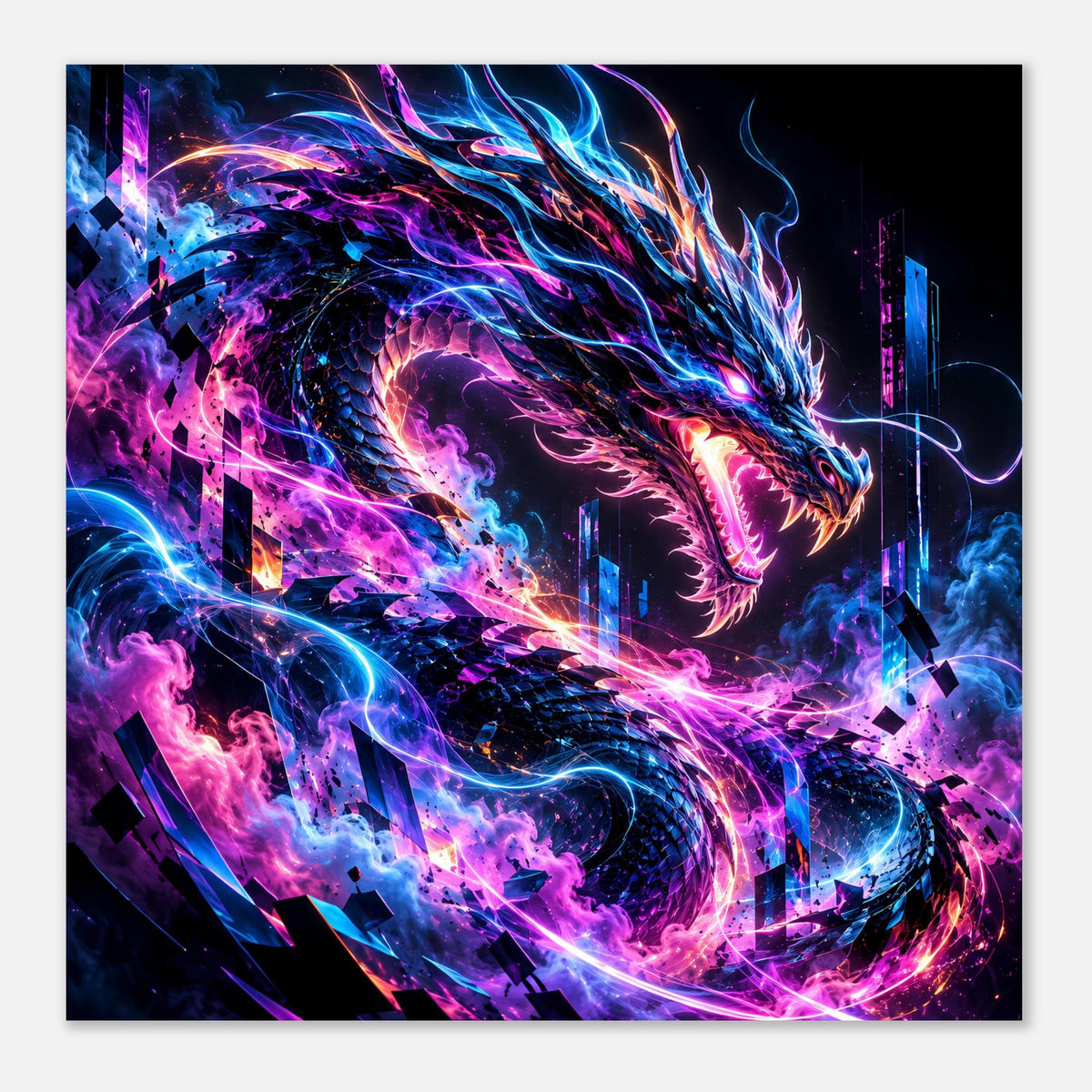 Neon-Cyberdrache-Poster im Querformat, leuchtender Drache und blaue violette Energiehülle
