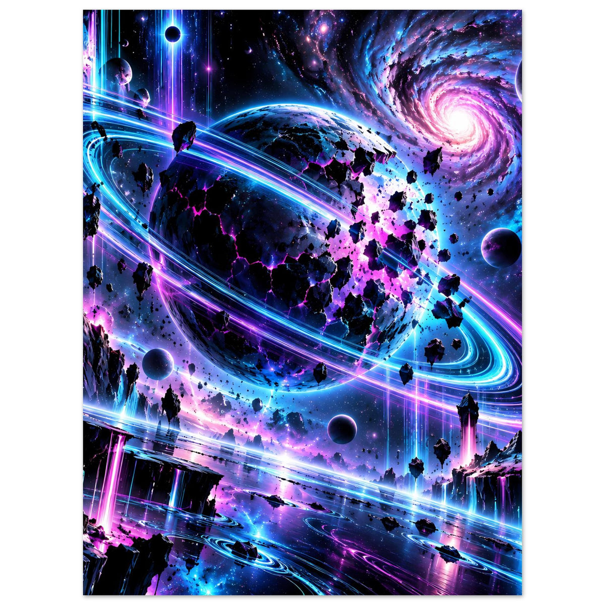 Neon-Galaxie-Poster mit violetten Sternen, blauen Energiebögen, Planeten und Raketen