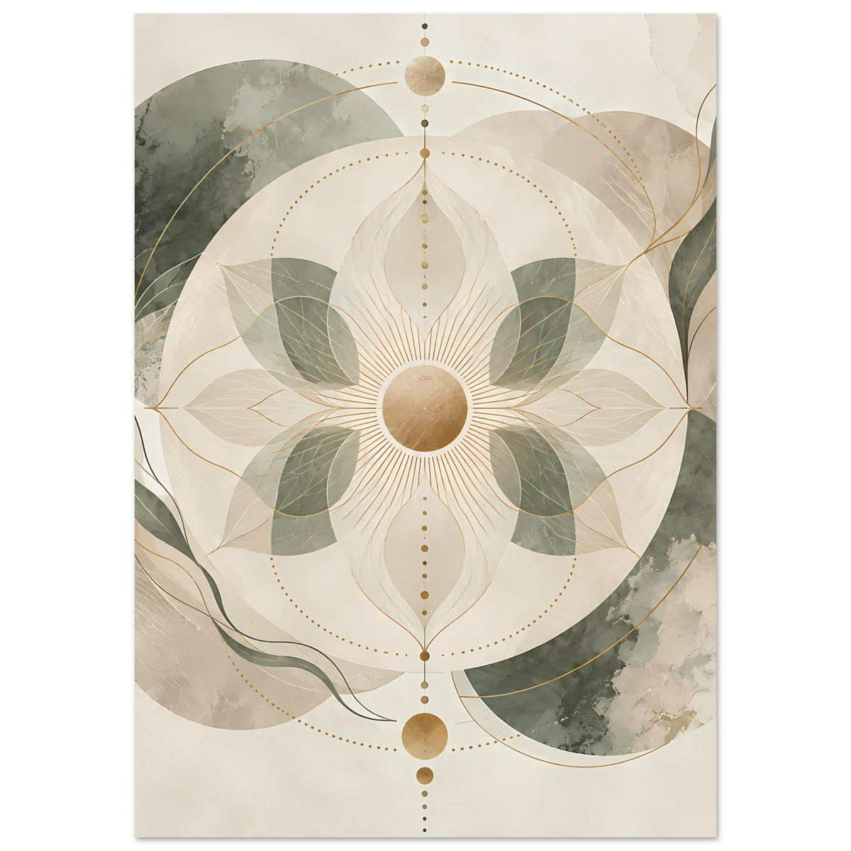 Mandala-Poster mit beigen und grünen Flächen, goldener Kreisstruktur, sternförmiges Zentrum