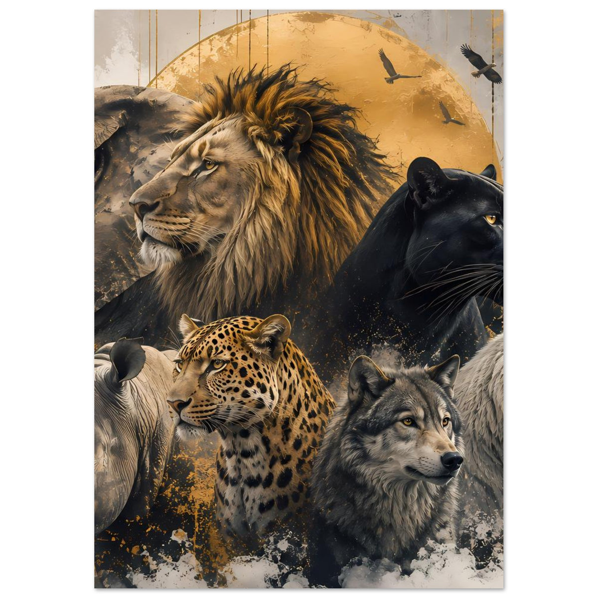 Wildtiere-Poster mit Löwe, schwarzem Panther, Leopard und Wölfen