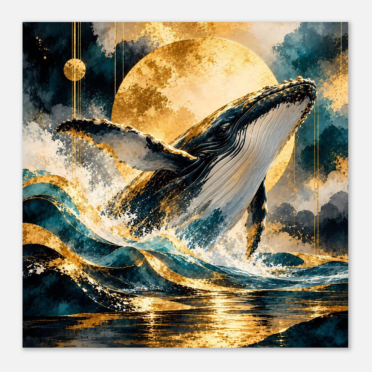 Quadratisches Poster mit Buckelwal aus der Welle, goldener Mond und blaue Farbspritzer