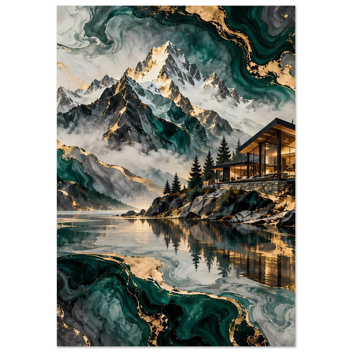 Berglandschafts-Poster: steiler Gebirgskamm, schneebedeckte Gipfel, ruhiger See, Nadelwald und goldene Linien am Motiv.