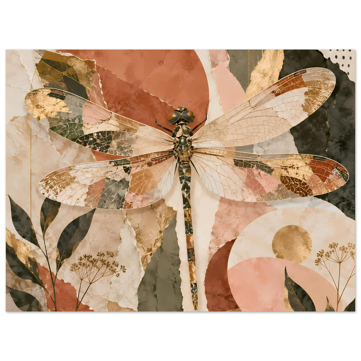 Deko-Poster mit Libelle im Boho-Stil, horizontal, Collage mit Blatt- und Blattader-Details.