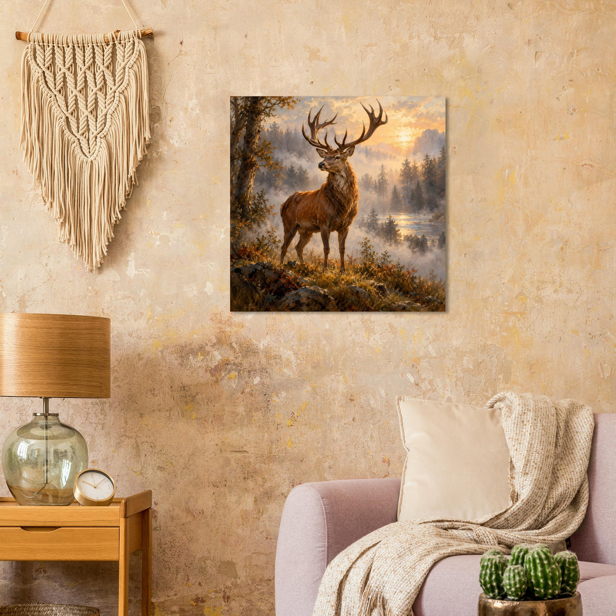 Majestic Stag Poster auf Wand: Hirsch im goldenen Licht, Landschaft mit Bäumen
