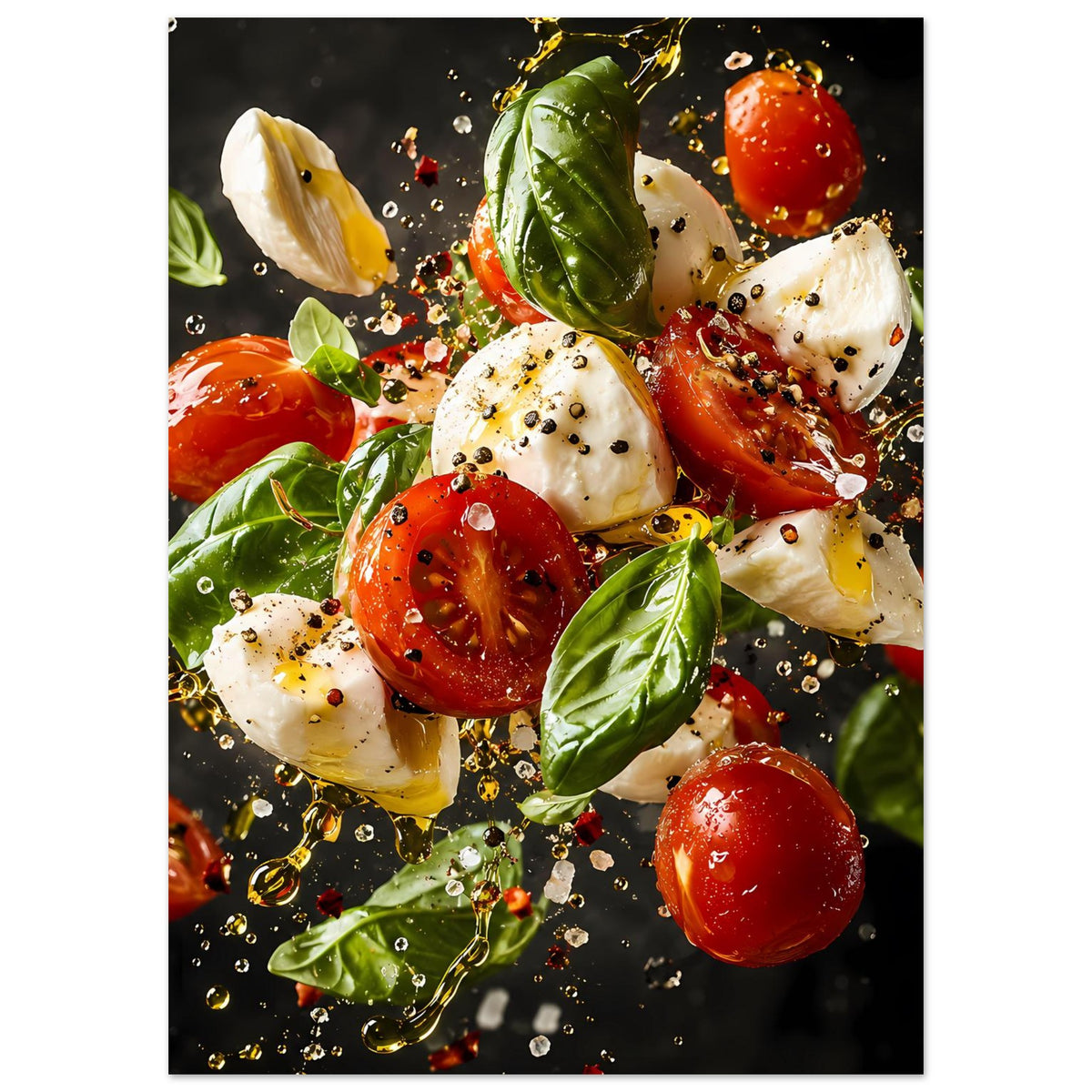 Caprese-Salat-Artposter: Tomaten, Mozzarella und Basilikumblätter mit Spritzern