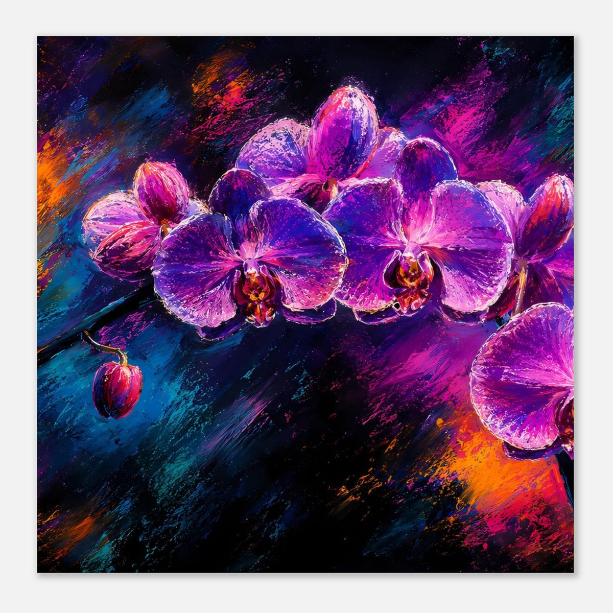 Querformat-Poster mit Orchideen in Lila und Pink, dezent seitlich verzweigt