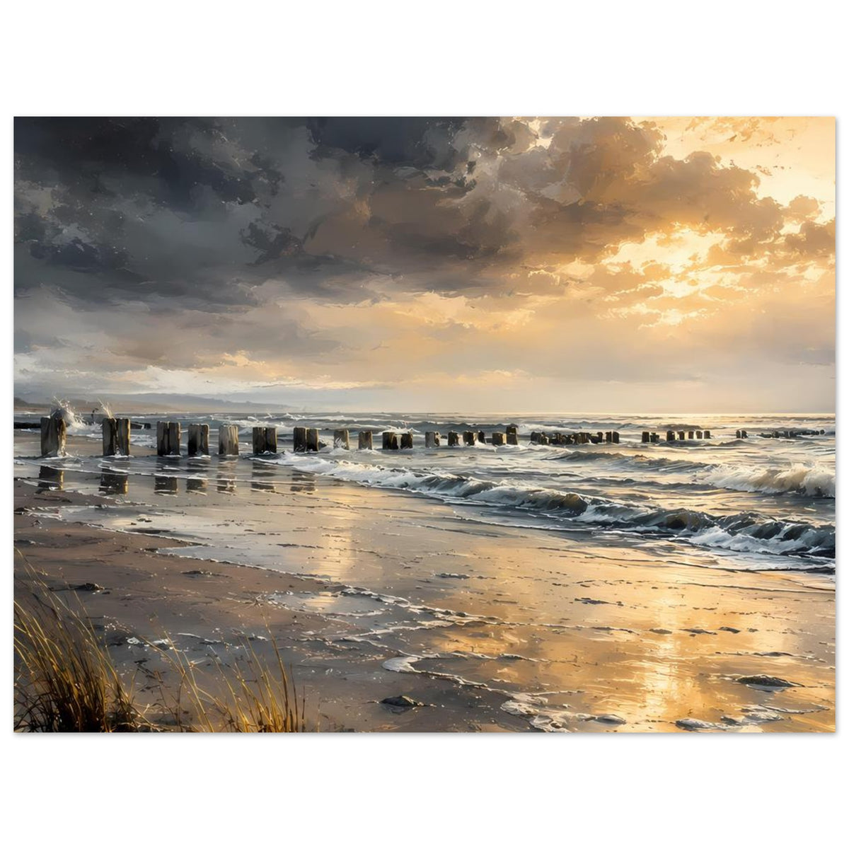 Strandposter im Querformat mit Sonnenuntergang, nassen Sandflächen und Reihe aus Pfählen