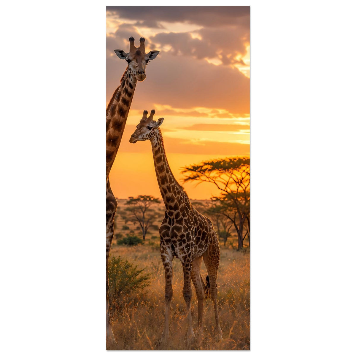 Poster mit drei Giraffen im Sonnenuntergang, hochformatig