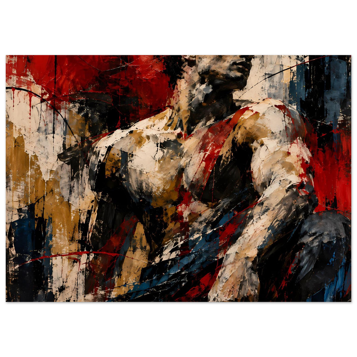 Abstraktes Kunstposter mit muskulöser Figur, dynamische Pinselstriche in Rot, Blau und Schwarz