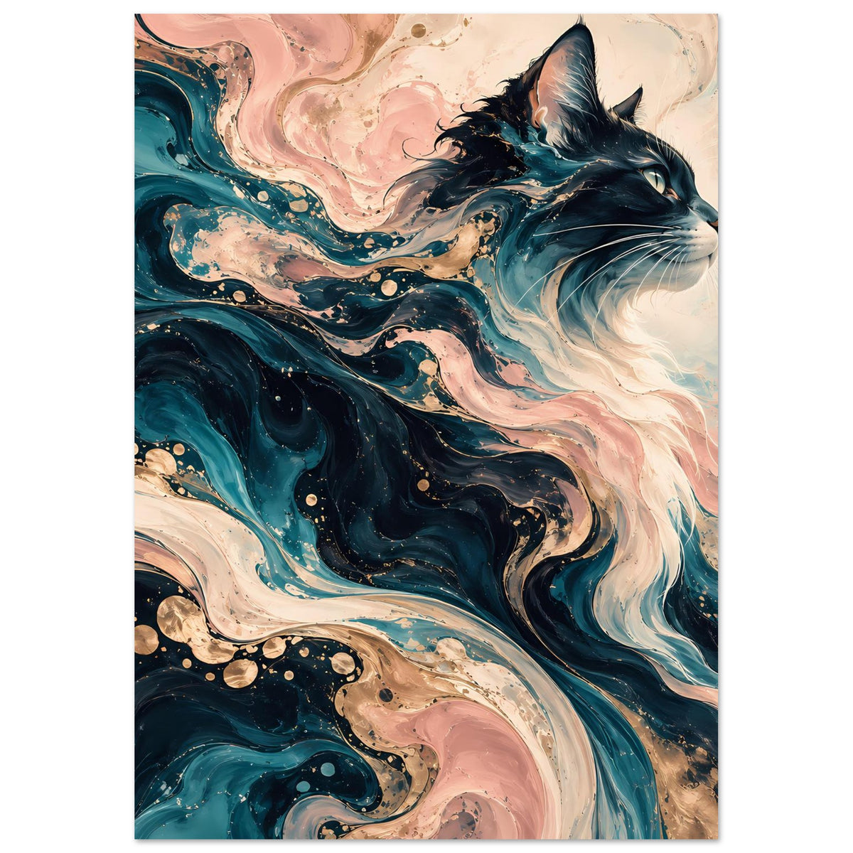 Hochformatiges Kunstposter mit abstrakter Katze und blau-rosa Marmorwirbeln, goldene Punkte