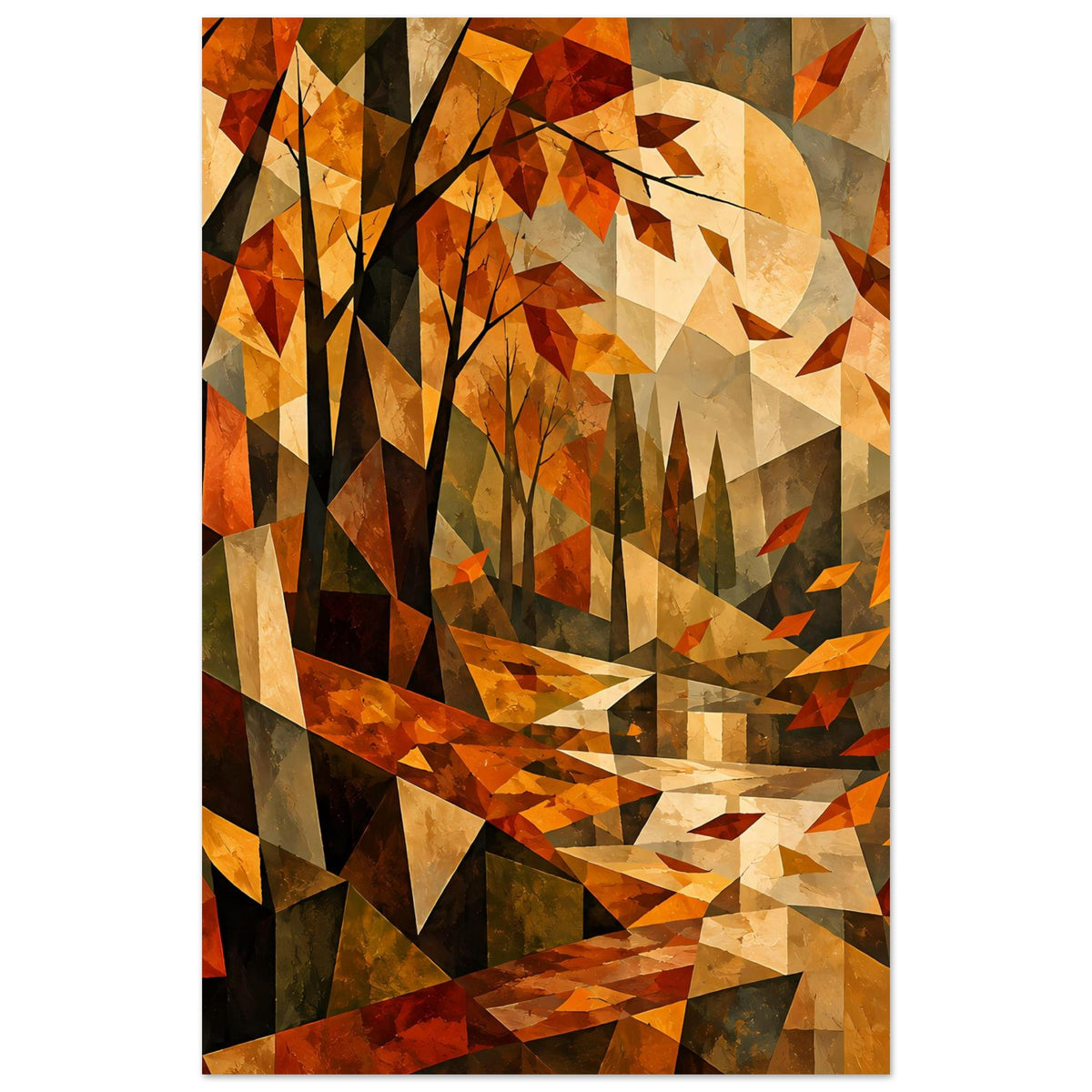 Hochformat-Poster mit kubistischem Herbstmotiv: geometrische Baumstämme und warme Farbfelder.