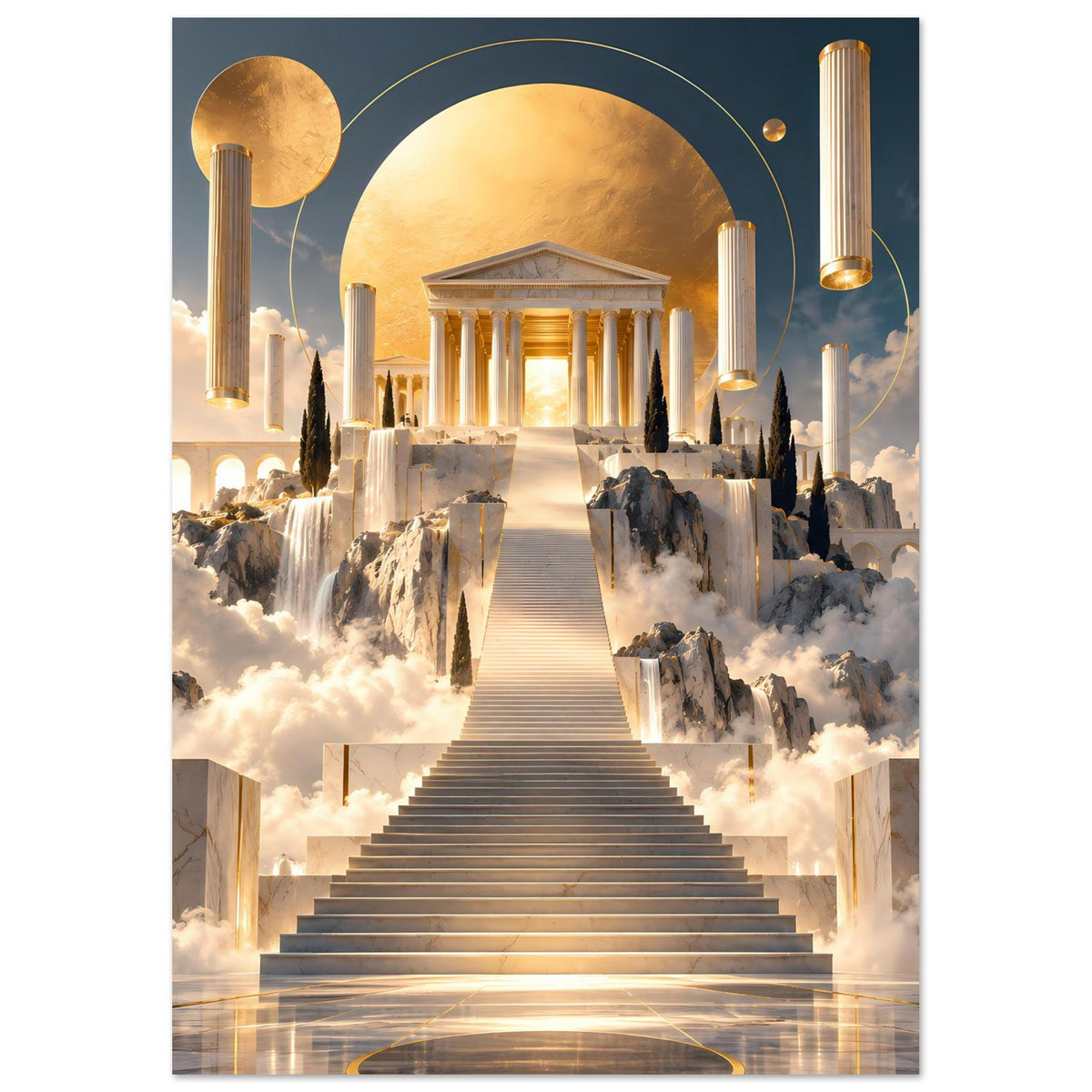 Vertikales Wandposter mit goldenem Mondschein-Lichtkreis, Säulen und Tempeltreppe
