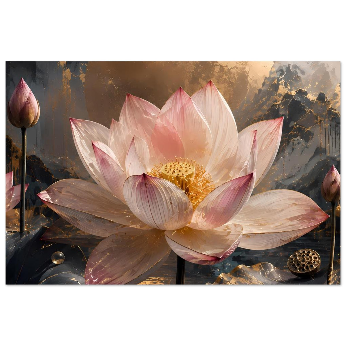 Poster: rosa Lotusblüte mit goldenem Staubkern, dunkle Blätter und Wassertropfen