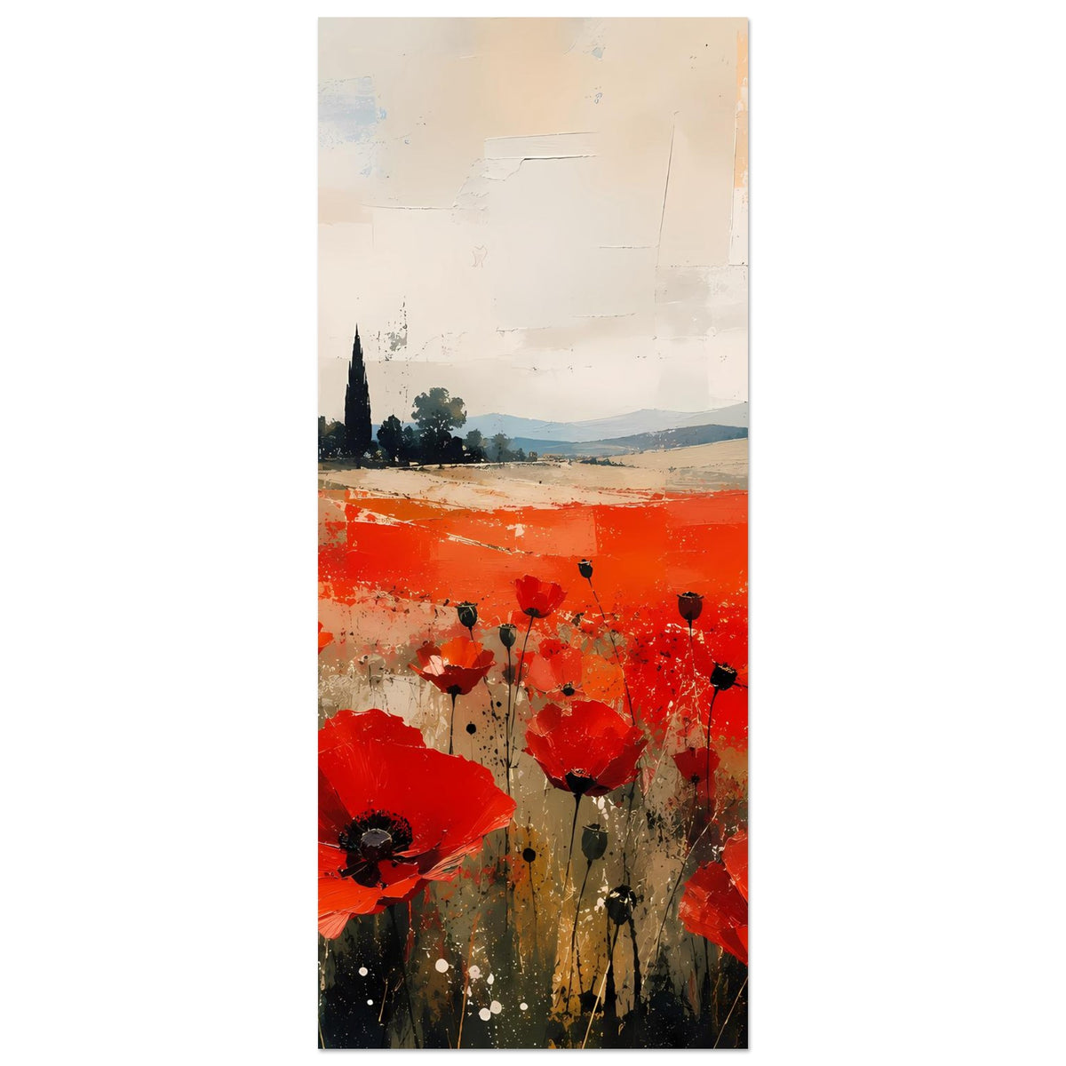 Hochformat-Poster mit roten Mohnblumen und abstrahierter Landschaft, angeschnittenes Motiv