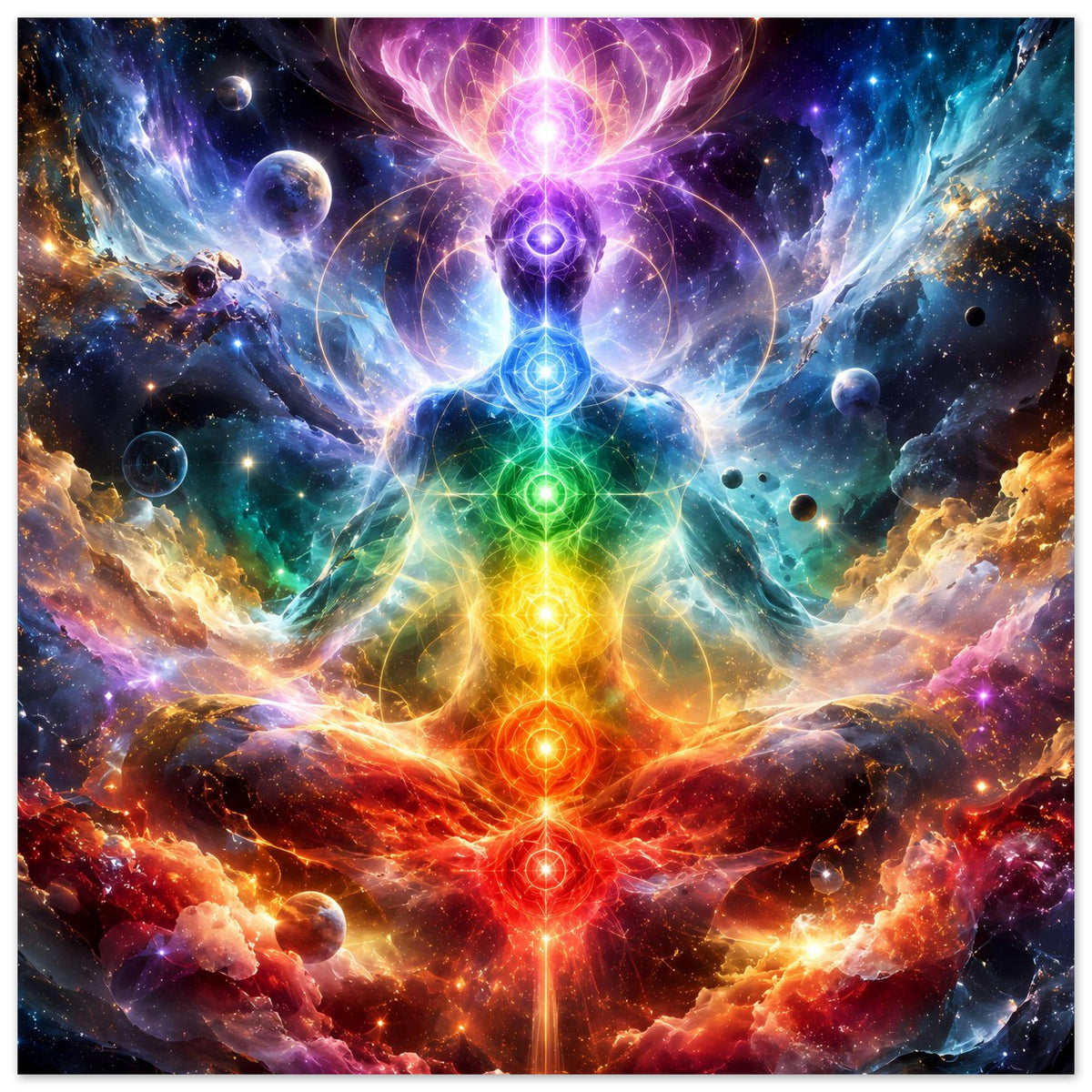 Meditationsposter mit leuchtendem Chakra-Zentrum, farbigen Energiebögen und Planeten