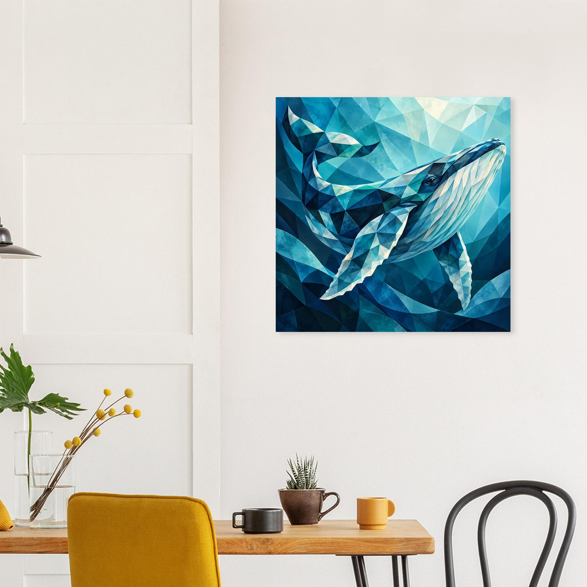 Quadratisches Wandposter mit Blauwal-Motiv aus Geometrie in Blau und Aquamarin